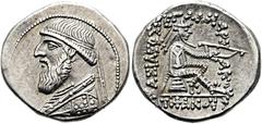 GRIECHEN PARTHER. ARSAKIDEN. Mithradates II., 121 - 91 v. Chr. Drachme ø 20mm (4,63g). 120/19 - 109 v. Chr. Mzst. Ekbatana. Vs.: Bärtige Büste mit Diadem, Ohrring u. Torques n. l. Rs.: ΒΑΣΙΛΕΩΣ / ΜΕΓΑ