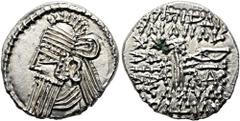 GRIECHEN PARTHER. ARSAKIDEN. Vologases IV., 147 - 191 n. Chr. Drachme ø 19mm (3,77g). Mzst. Ekbatana. Vs.: Bärtige Büste mit diademierter Tiara, Ohrring u. Torques n. l. Rs.: Verwilderte aramäisch-gri