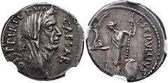 RÖMER RÖMISCHE REPUBLIK. RÖMISCHE REPUBLIK NACH 211 V. CHR.. P. Sepullius Macer und C. Iulius Caesar, 44 v. Chr. Denar ø 17mm (3,50g). Mzst. Rom. Vs.: CAESAR / DICT PERPETVO, Kopf Caesars mit Lorbeerk