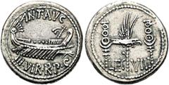 RÖMER RÖMISCHE REPUBLIK. RÖMISCHE REPUBLIK NACH 211 V. CHR.. Marcus Antonius, 32 - 31 v. Chr. Denar ø 17mm (3,76g). Mzst. mit Marc Anton ziehend. Vs.: ANT AVG / IIIVIR RPC, Kriegsgaleere n. r. Rs.: LE