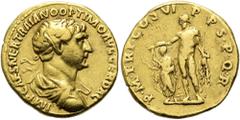 RÖMER RÖMISCHE KAISERZEIT. Trajan, 98 - 117 n. Chr. Aureus ø 19mm (7,05g). 114 - 115 n. Chr. Mzst. Rom. Vs.: IMP CAES NER TRAIANO OPTIMO AVG GER DAC, drapierte Panzerbüste mit Lorbeerkranz n. r. Rs.: 