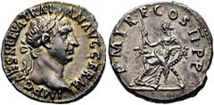 RÖMER RÖMISCHE KAISERZEIT. Trajan, 98 - 117 n. Chr. Denar ø 18mm (3,33g). 98 - 99 n. Chr. Mzst. Rom. Vs.: IMP CAES NERVA TRAI-AN AVG GERM, Kopf mit Lorbeerkranz n. r. Rs: P M TR P COS II P P, Abundant