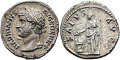RÖMER RÖMISCHE KAISERZEIT. Hadrian, 117 - 138 n. Chr. Denar ø 18mm (2,80g). 137 - 138 n. Chr. Mzst. Rom Vs.: HADRIANVS AVG COS III P P, Kopf mit Lorbeerkranz n. l. Rs.: SALVS AVG, Salus steht mit Pate
