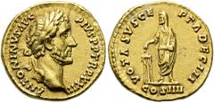 RÖMER RÖMISCHE KAISERZEIT. Antoninus Pius, 138 - 161 n. Chr. Aureus ø 19mm (6,69g). 158 - 159 n. Chr. Mzst. Rom. Vs.: ANTONINVS AVG PIVS P P TR P XXII, Kopf mit Lorbeerkranz n. r. Rs.: VOTA SVSCE-PTA 
