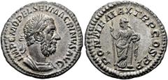 RÖMER RÖMISCHE KAISERZEIT. Macrinus, 217 - 218 n. Chr. Denar ø 20mm (2,66g). Mzst. Rom. Vs.: IMP C M OPEL SEV MACRINVS AVG, Panzerbüste mit Lorbeerkranz n. r. Rs.: PONTIF MAX TR P COS P P, Securitas s