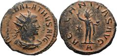 RÖMER RÖMISCHE KAISERZEIT. Vabalathus, 270 - 272 n. Chr. Antoninian ø 20mm (3,58g). 271 - 272 n. Chr. Mzst. Antiochia. Vs.: IM C VHABALATHVS AVG, drapierte Panzerbüste mit Strahlenkrone n. r. Rs.: AΕT