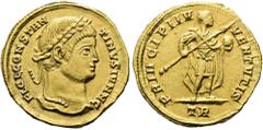RÖMER RÖMISCHE KAISERZEIT. Constantin II. als Caesar, 317 - 337 n. Chr. Solidus ø 19mm (4,43g). 324 n. Chr. Mzst. Treveris. Vs.: FL CL CONSTANTINVS IVN N C, Kopf mit Lorbeerkranz n. r. Rs.: PRINCIPI I