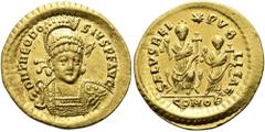 RÖMER RÖMISCHE KAISERZEIT. Theodosius II., 408 - 450 n. Chr. Solidus ø 21mm (4,42g). 425 - 430 n. Chr. Mzst. Konstantinopel. Vs.: D N THEODO-SIVS P F AVG, frontale Panzerbüste, Kopf leicht n. r., mit 