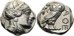 GRIECHEN ATTIKA. ATHEN Tetradrachme ø 23mm (17,15g). ca. 454 - 404 v. Chr. Vs.: Kopf der Athena mit attischem Helm n. r. Rs.: ΑΘΕ, Eule n. r., dahinter Olivenzweig u. Mondsichel, alles im Quadratum in