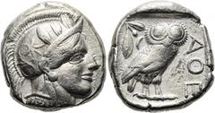 GRIECHEN ATTIKA. ATHEN Tetradrachme ø 23mm (17,16g). ca. 454 - 404 v. Chr. Vs.: Kopf der Athena mit attischem Helm n. r. Rs.: ΑΘΕ, Eule n. r., dahinter Olivenzweig u. Mondsichel, alles im Quadratum in