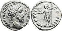 RÖMER RÖMISCHE KAISERZEIT. Marcus Aurelius, 161 - 180 n. Chr. Denar ø 18mm (3,20g). 174 n. Chr. Mzst. Rom. Vs.: M ANTONINVS AVG TR P XXIX, Kopf mit Lorbeerkranz n. r. Rs.: IMP VII COS III, Roma mit Vi
