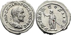 RÖMER RÖMISCHE KAISERZEIT. Pupienus, 238 n. Chr. Denar ø 20mm (3,27g). Mzst. Rom. Vs.: IMP C M CLOD PVPIENVS AVG, drapierte Panzerbüste mit Lorbeerkranz n. r. Rs.: P M TR P COS II P P, Kaiser als Toga