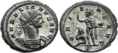RÖMER RÖMISCHE KAISERZEIT. Aurelian, 270 - 275 n. Chr. Antoninian ø 24mm (4,61g). Vs.: AVRELIANVS AVG, drapierte Panzerbüste mit Strahlenkrone n. r. Rs.: ORI-E-NS AVG / P, Sol mit Globus u. ausgestrec