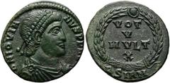 RÖMER RÖMISCHE KAISERZEIT. Jovianus, 363 - 364 n. Chr. AE Follis ø 18mm (2,75g). Mzst. Sirmium. Vs.: D N IOVIA-NVS P F AVG, drapierte Panzerbüste mit Perlendiadem n. r. Rs.: VOT / V / MVLT / X im Kran