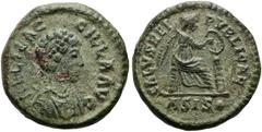 RÖMER RÖMISCHE KAISERZEIT. Aelia Flaccilla, 379 - 386 n. Chr. AE Halbcentenionalis ø 13mm (1,38g). 383 - 384 n. Chr. Mzst. Siscia. Vs.: AEL FLAC-CILLA AVG, drapierte Büste mit Perlendiadem u. Halskett