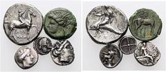 LOTS Griechische Silbermünzen. Triobol, Terina, ca. 400 - 356 v. Chr. HGC 1771; Didrachme Tarent, Vlasto 666, 302 - 280 v. Chr.; Obol, Syrakus, Herrschaft der Deinomeniden, 485 - 466 v. Chr., HGC 1371