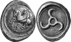 GRIECHEN LYKIEN UNBESTIMMTER DYNAST Objekt-Nr.: 127 Stater (9,74 g.), 460 / 440 v. Chr. Mzst. unbestimmt. Vs.: Nach l. abhebender Pegasos auf Rundschild, zwischen den Beinen Zeichen. Rs.: Triskeles in