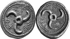 GRIECHEN LYKIEN DYNASTEN Objekt-Nr.: 130 Zemu und Trbbenimi Tetrobol, (3,17 g.), 4. Jh.v.Chr. Vs.: "zemu" um Triskeles. Rs.: "trebbenimi" um Triskeles. SNG Aul. 4222. R! Tönung, vz Estimation : € 250,