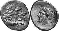 GRIECHEN LYKIEN DYNASTEN Objekt-Nr.: 132 Mithrapata Stater (8,68 g.), 390 / 370 v. Chr. Mzst. unbestimmt Vs.: Löwenprotome mit aufgerissenem Maul r. Rs.: "mithrapata", Porträt des Dynasten l., dahinte