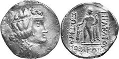 KELTEN MITTLERE UND UNTERE DONAU Nachahmungen der Tetradrachmen von Thasos Objekt-Nr.: 1017 Klasse II: Verwilderung von Kopf und Legende Tetradrachme, (15,94 g.), Vs.: Stilisierter Kopf des Dionysos n