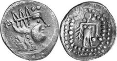 KELTEN MITTLERE UND UNTERE DONAU Nachahmungen der Tetradrachmen von Thasos Objekt-Nr.: 1022 Klasse V: Punktlegende Tetradrachme, (16,35 g.), Vs.: Sehr stark stilisierter Kopf des Dionysos n. r. Rs.: S