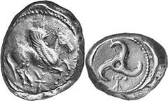 GRIECHEN LYKIEN UNBESTIMMTER DYNAST Objekt-Nr.: 1193 Stater (9,95 g.), 460 / 440 v. Chr. Mzst. unbestimmt, Vs.: Nach r. abhebender Pegasos auf Rundschild, zwischen den Beinen Zeichen. Rs.: Triskeles m