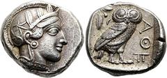GRIECHEN ATTIKA. ATHEN Tetradrachme ø 24mm (17,19g). 454 - 404 v. Chr. Vs.: Kopf der Athena mit verziertem u. bekränztem attischen Helm n. r. Rs.: ΑΘΕ, Eule n. r. stehend, Kopf frontal, im Feld l. obe