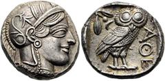 GRIECHEN ATTIKA. ATHEN Tetradrachme ø 24mm (17,25g). 454 - 404 v. Chr. Vs.: Kopf der Athena mit attischem Helm, verziert mit drei Olivenzweigen u. Palmette, n. r. Rs.: ΑΘΕ, Eule n. r., Kopf frontal, l