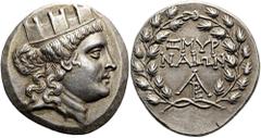 GRIECHEN IONIEN. SMYRNA Tetradrachme ø 30mm (16,31g). 2. Jh. v. Chr. Vs.: Kopf der Tyche mit Mauerkrone n. r. Rs.: ΖΜΥΡΝΑΙΩΝ u. Monogramm in Kranz. J. G. Milne, The Autonomous Coinage of Smyrna, Numis