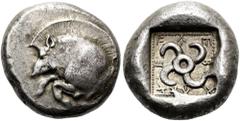 GRIECHEN LYKIEN. DYNASTEN Teththiveibi. Stater ø 19mm (8,50g). 460 - 425 v. Chr. Vs.: Vorderteil eines Ebers mit aufgestelltem Kamm n. l. Rs.: TXXEFEB, Tetraskeles im Quadratum incusum. Müseler V, 41;