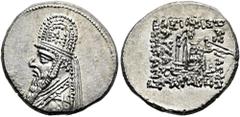 GRIECHEN PARTHER. ARSAKIDEN Mithradates II., 121 - 91 v. Chr. Drachme ø 19mm (4,28g). 96/5 - 93/2 v. Chr. Vs.: Drapierte Büste mit sternverzierter Tiara, Diadem, Torques u. langem Bart n. l. Rs.: ΒΑΣΙ