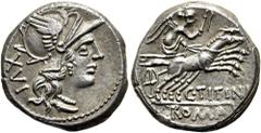 ROMER RÖMISCHE REPUBLIK. RÖMISCHE REPUBLIK NACH 211 V. CHR. C. Titinius, 141 v. Chr. Denar ø 18mm (3,96g). Mzst. Rom. Vs.: Kopf der Roma mit Greifenkopfhelm n. r., dahinter XVI. Rs.: C TITINI / ROMA, 