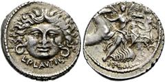 ROMER RÖMISCHE REPUBLIK. RÖMISCHE REPUBLIK NACH 211 V. CHR. L. Plautius Plancus, 47 v. Chr. Denar ø 19mm (3,86g). Mzst. Rom. Vs.: L PLAVTIVS, Gorgoneion mit Schlangen. Rs.: PLANCVS, Viktoria mit Palmz