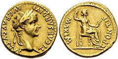ROMER RÖMISCHE KAISERZEIT. Tiberius, 14 - 37 n. Chr. Aureus ø 19mm (7,69g). 14 - 17 n. Chr. Mzst. Lugdunum. Vs.: TI CAESAR DIVI AVG F AVGVSTVS, Kopf mit gesteigerten Gesichtzügen u. Lorbeerkranz n. r.