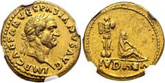ROMER RÖMISCHE KAISERZEIT. Vespasian, 69 - 79 n. Chr. Aureus ø 19mm (7,04g). 69 - 70 v. Chr. Mzst. Rom. Vs.: IMP CAESAR VESPASIANVS AVG, Kopf mit Lorbeerkranz n. r. Rs.: IVDAEA, Judaea sitzt capite ve