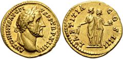 ROMER RÖMISCHE KAISERZEIT. Antoninus Pius, 138 - 161 n. Chr. Aureus ø 19mm (7,20g). 150 - 151 n. Chr. Mzst. Rom. Vs.: ANTONINVS AVG PI-VS P P TR P XIIII, Büste mit Lorbeerkranz u. Gewand auf den Schul