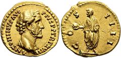 ROMER RÖMISCHE KAISERZEIT. Antoninus Pius, 138 - 161 n. Chr. Aureus ø 20mm (7,17g). 154 - 155 n. Chr. Mzst. Rom. Vs.: ANTONINVS AVG PIVS P P TR P XVIII, Büste mit Gewand auf l. Schulter n. r. Rs.: COS
