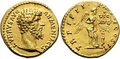 ROMER RÖMISCHE KAISERZEIT. Lucius Verus, 161 - 169 n. Chr. Aureus ø 19mm (7,39g). 164 n. Chr. Mzst. Rom. Vs.: L VERVS AVG ARMENIACVS, Kopf n. r. Rs.: TR P IIII IMP II COS II, Viktoria befestigt Schild