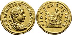 ROMER RÖMISCHE KAISERZEIT. Elagabal, 218 - 222 n. Chr. Aureus ø 20mm (6,33g). 218 - 219 n. Chr. Mzst. Rom. Vs.: IMP CAES M AVR ANTONINVS AVG, drapierte Panzerbüste mit Lorbeerkranz n. r. Rs.: FIDES EX
