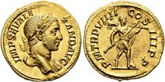 ROMER RÖMISCHE KAISERZEIT. Severus Alexander, 222 - 235 n. Chr. Aureus ø 20mm (5,77g). 230 n. Chr. Mzst. Rom. Vs.: IMP SEV ALE-XAND AVG, Büste mit Lorbeerkranz u. Gewand auf l. Schulter n. r. Rs.: P M