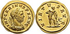 ROMER RÖMISCHE KAISERZEIT. Carinus, 283 - 285 n. Chr. Aureus ø 20mm (5,10g). Mzst. Rom. Vs.: IMP CARINVS P F AVG, drapierte Panzerbüste mit Lorbeerkranz n. r. Rs.: VIRTVS AVG, Herkules steht auf Keule