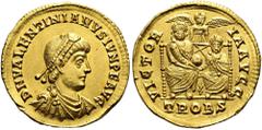 ROMER RÖMISCHE KAISERZEIT. Valentinianus II., 375 - 392 n. Chr. Solidus ø 21mm (4,43g). 376 - 377 n. Chr. Mzst. Treveris. Vs.: D N VALENTINIANVS IVN P F AVG, drapierte Panzerbüste mit Perlendiadem n. 