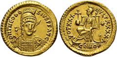 ROMER RÖMISCHE KAISERZEIT. Theodosius II., 408 - 450 n. Chr. Solidus ø 21mm (4,41g). 430 - 440 n. Chr. Mzst. Konstantinopel. Vs.: D N THEODO-SIVS P F AVG, Panzerbüste, Kopf leicht n. r., mit Helm, Per