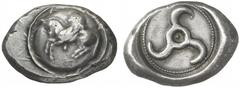 GRIECHEN . LYKIEN UNBESTIMMTER DYNAST. Stater (9,85g) 460 - 440 v. Chr. Mzst. unbestimmt. Vs.: Nach l. abhebender Pegasos auf Rundschild. Darunter Punkt. Rs.: Triskeles in rundem Incusum. Traité II 22