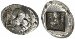 GRIECHEN . LYKIEN 1/3 Stater (3,07g). ca. 520 - 470 v. Chr. Vs.: Pegasus auf Rundschild n. l. Rs.: Frontaler Löwenskalp in Perlqua­drat. Traité ­ ; SNG Aul. ­ (vgl. 4082, Stater). SNG Cop. ­ . RR! Rs.