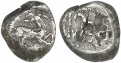GRIECHEN . LYKIEN Kuprilli 1/2 Stater (?) (5,35g). 470 / 440 v. Chr. Mzst. unbest. Vs.: Ziege mit zurückgewandtem Kopf n. r. Rs.: "kop", Triskeles in quadratischem Incusum mit Perlrahmen. Vismara ­ ; 