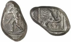 GRIECHEN . LYKIEN Vekhssere I., ca. 450 - 430 v. Chr. Stater (8,19g). ca. 450 v. Chr. Mzst. unbest. Vs.: Herkules mit geschulterter Keule zurückblickend n. l. eilend. Rs.: 'wekhssere', Triskeles in ve