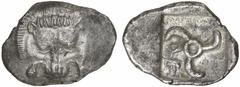 GRIECHEN . LYKIEN Mithrapata Stater (9,75g). 390 / 370 v. Chr. Mzst. unbestimmt Vs.: Frontaler Löwenskalp, darunter Triskeles. Rs.: "mithrapata", Triskeles, im Feld Hermesbüste. SNG Cop. Suppl. 475; O