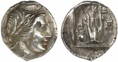 GRIECHEN . LYKIEN Phellos Drachme (2,93g). 2. Jh. v. Chr. Vs.: Apollonkopf mit Lorbeerkranz r. Rs.: LUKIWN, Kithara zwischen F - E, l. Schild und Speer. Troxell ­ . RRR! Unpubliziert? Vs. Schrötlingsf