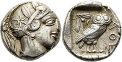 GRIECHEN ATTIKA. ATHEN Tetradrachme ø 23mm (17,17g). 454 - 404 v. Chr. Vs.: Kopf der Athena mit attischem Helm n. r. Rs.: ΑΘΕ, Eule n. r., dahinter Olivenzweig u. Mondsichel, alles im Quadratum incusu